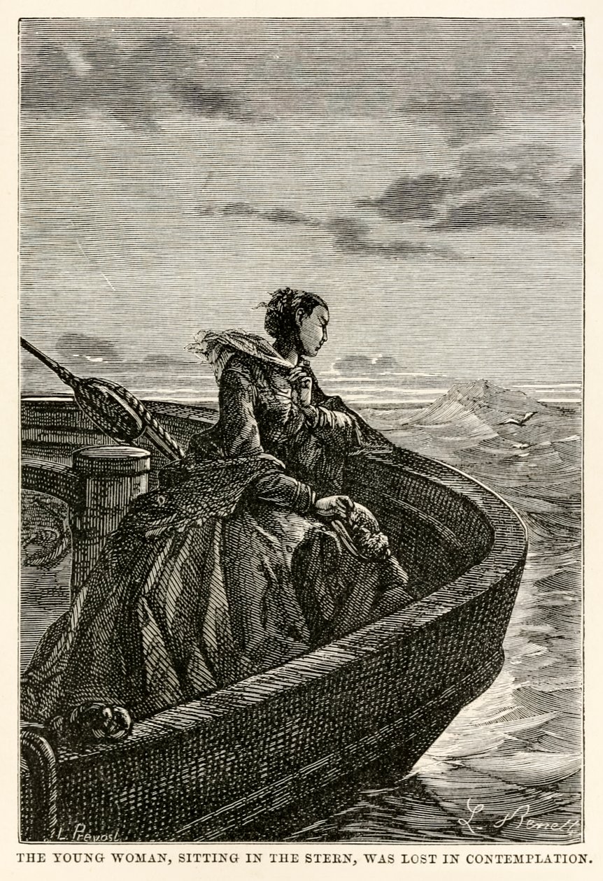 La joven, sentada en la popa, estaba perdida en la contemplación, de La vuelta al mundo en ochenta días de Julio Verne (1828-1905), grabado por Jean Louis Prevost, (1790-1850), 1873 de Hippolyte Leon after Benett