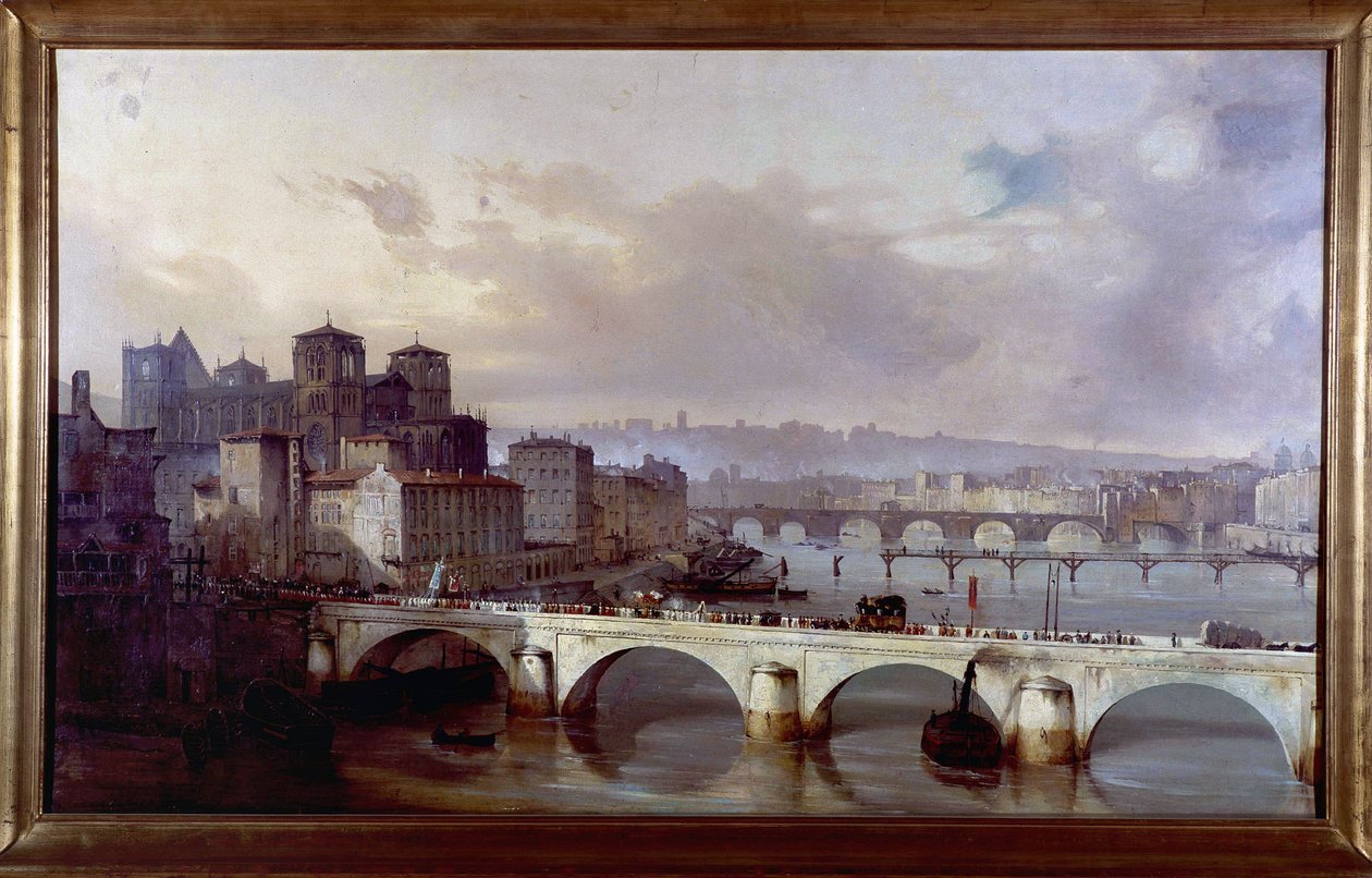 Procesión que pasa por el puente del Arzobispado de Lyon - cuadro de Hyppolyte Leymarie, hacia 1835-1840, Museo Gadagne de Lyon. de Hippolyte Leymarie