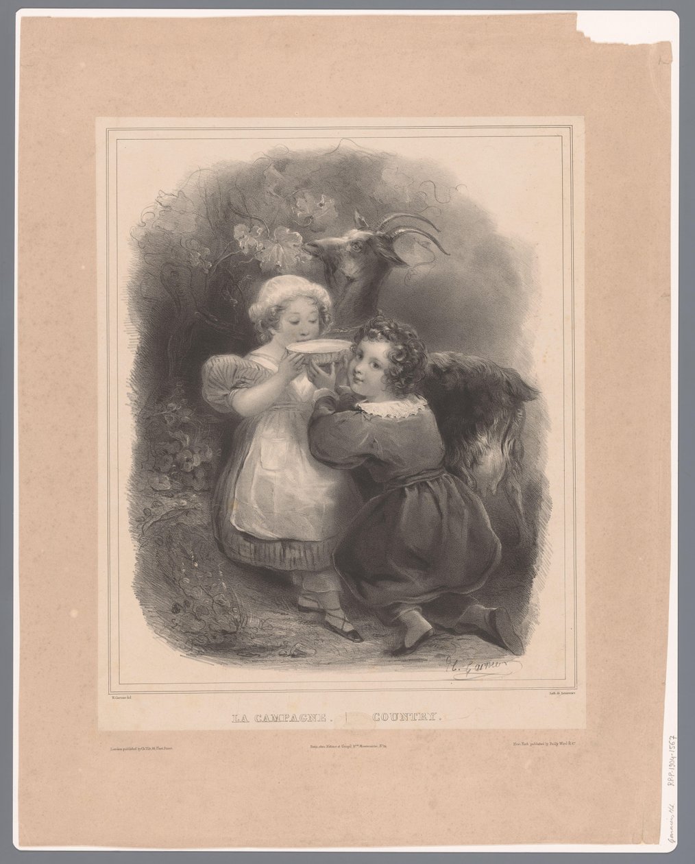 Dos niños con una cabra beben leche de cabra. La Campagne / Country (título sobre objeto) de Hippolyte Louis Garnier