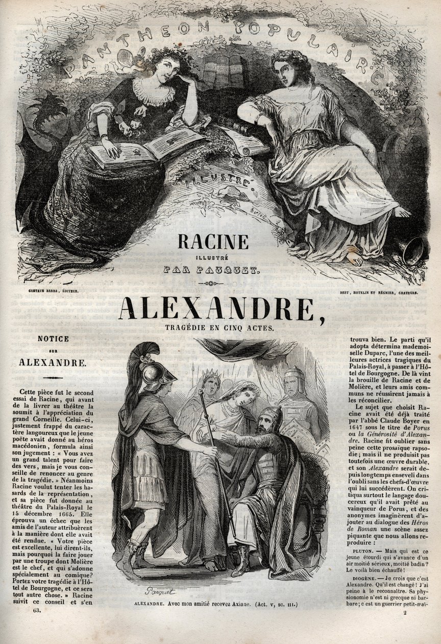Alejandro el Grande tragedia en cinco actos - grabado en "Oeuvres de Jean Racine" ilustrado por Pauquet y nota de Emile de La Bedolliere - 1851 de Hippolyte Louis Pauquet