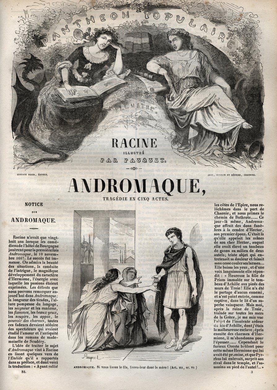 Andrómaca tragedia en cinco actos - grabado en "Oeuvres de Jean Racine" ilustrado por Pauquet y con nota de Emile de La Bedolliere - 1851 de Hippolyte Louis Pauquet