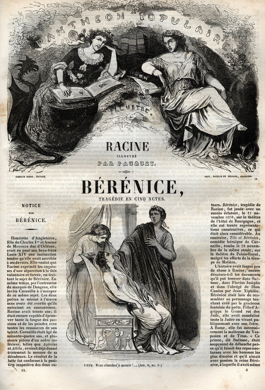 Berenice tragedia en cinco actos - grabado en "Oeuvres de Jean Racine" ilustrado por Pauquet y nota de Emile de La Bedolliere - 1851 de Hippolyte Louis Pauquet