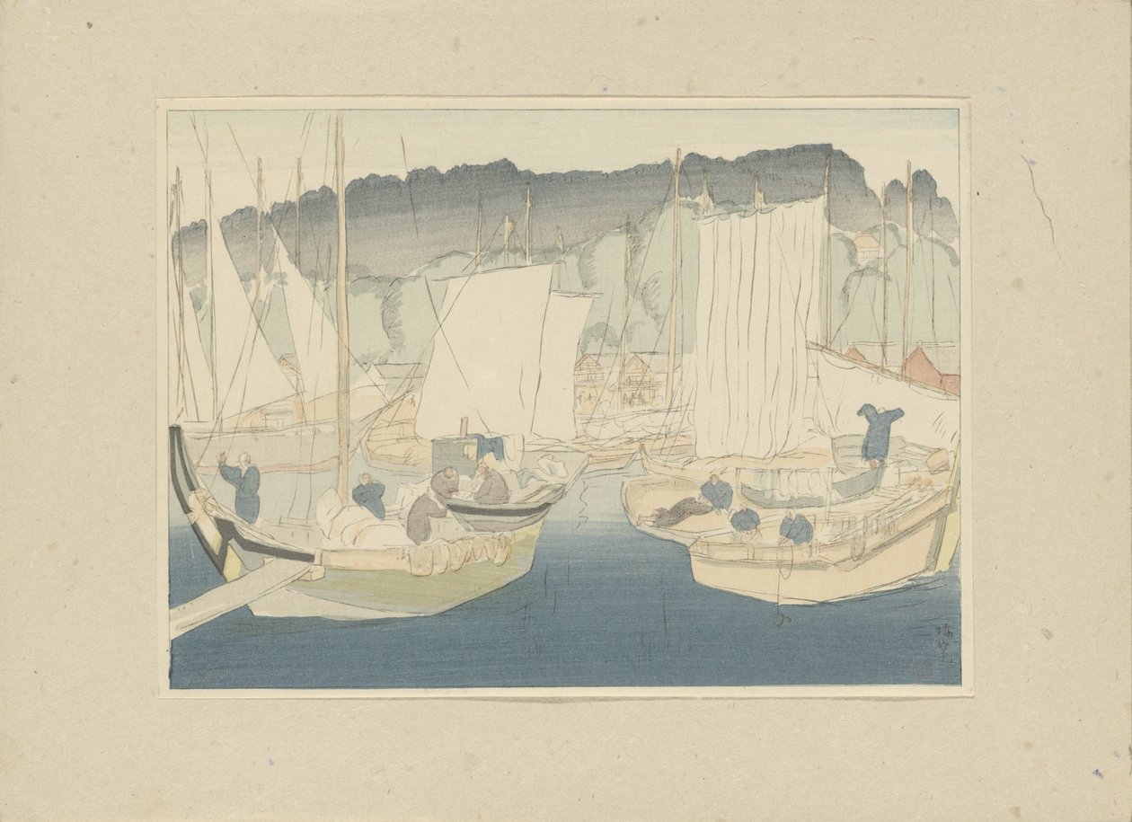 Barcos en el puerto de Shiogama Shiogama (título sobre objeto) Tercera parte, área de Tôhoku (título de la serie) Dai sanshû, Tôhoku no bu (título de la serie sobre el objeto) Impresiones de paisajes japoneses (título de la serie) Nihon fûkei hanga (título de Hirafuku Hyakusui