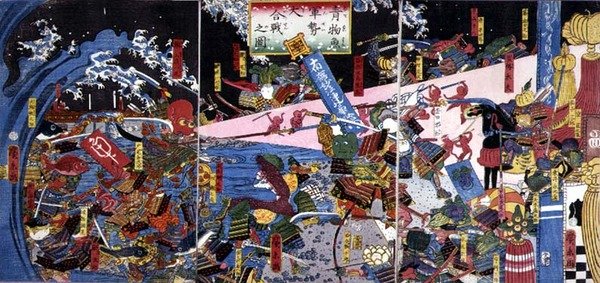 Parodia de una escena de batalla, que representa la batalla de las verduras y los peces de Hirokage Utagawa
