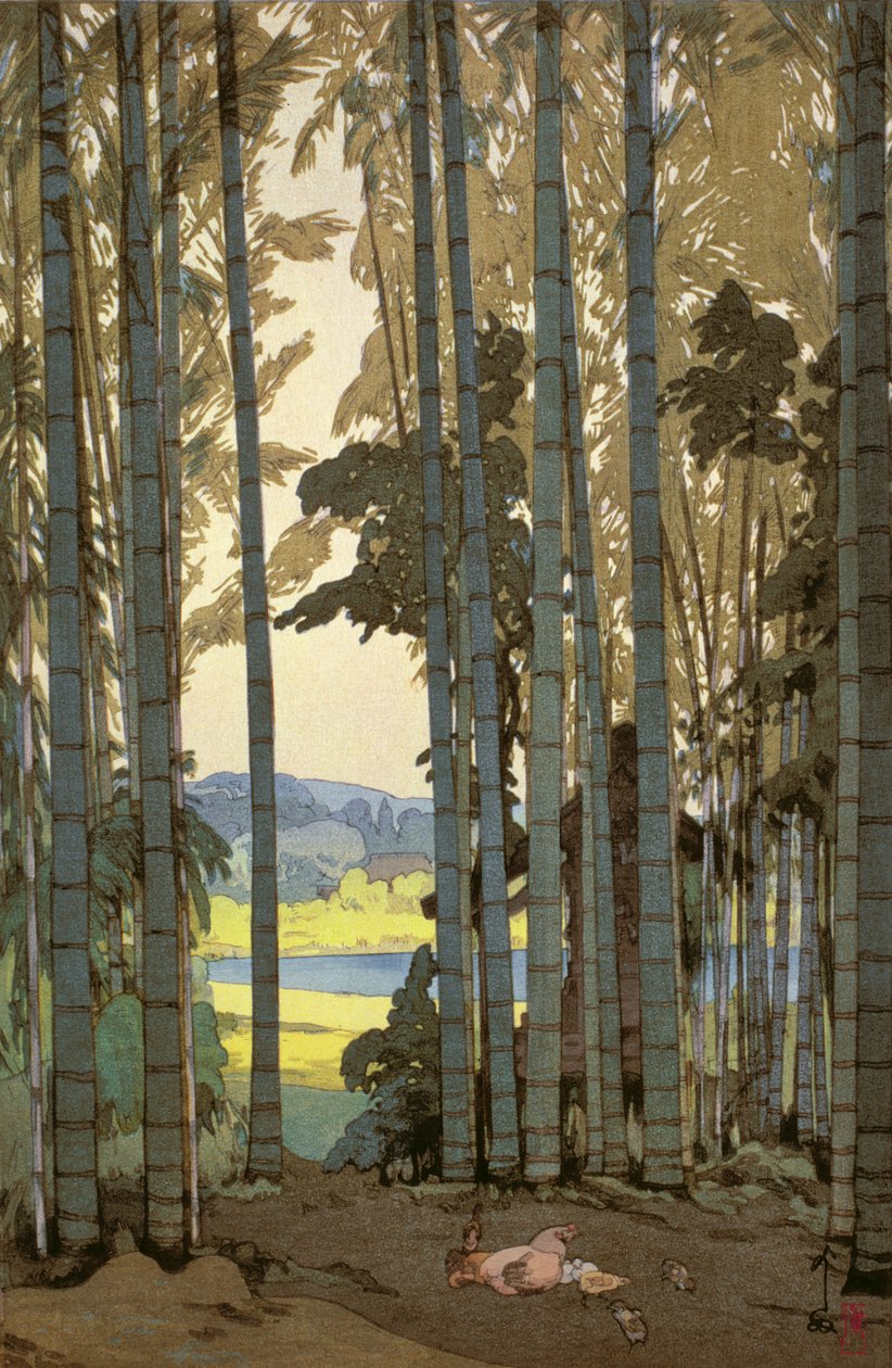 Gallinas en el bosque de bambú (grabado en color) de Hiroshi Yoshida