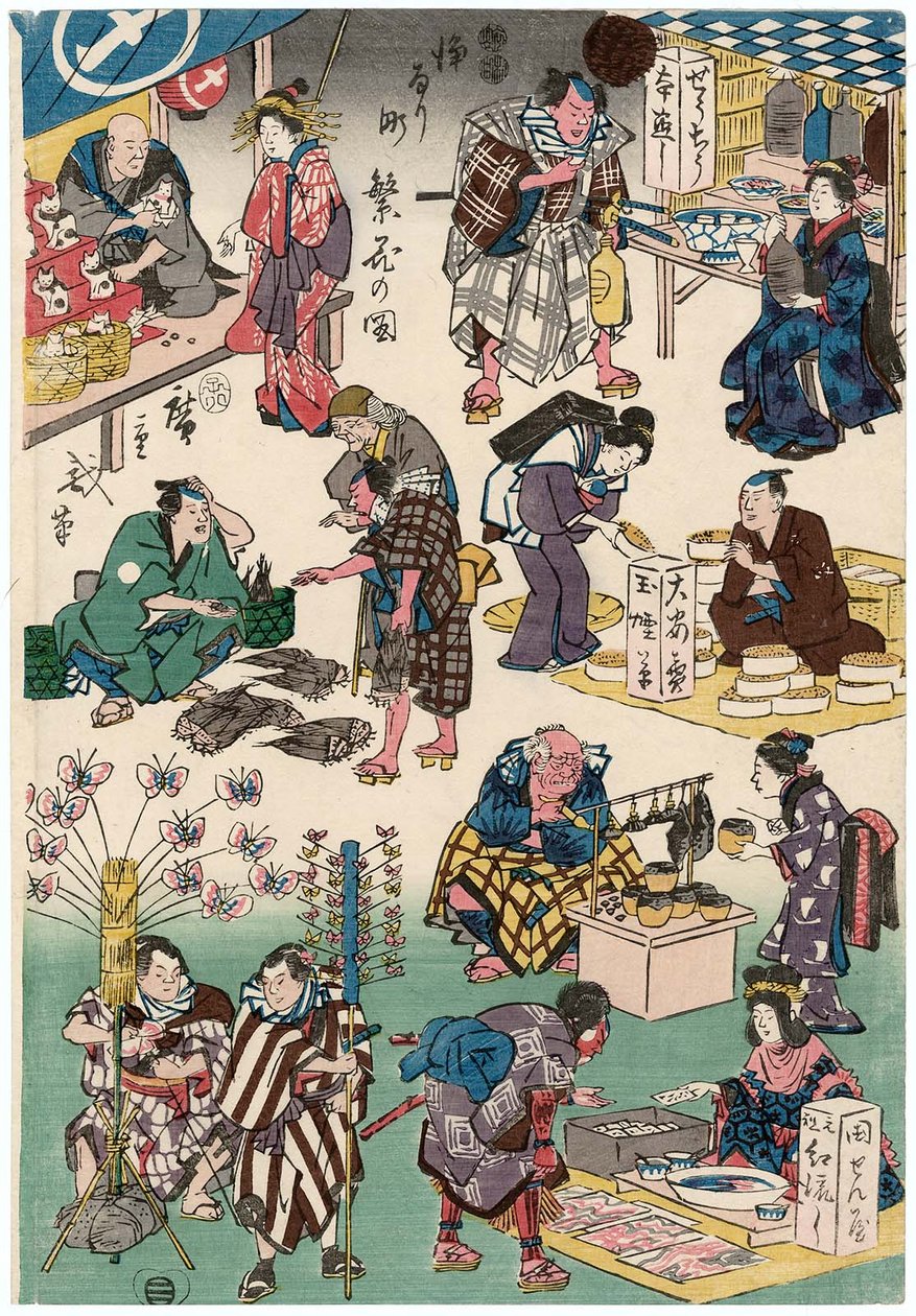 Personajes de obras como comerciantes y clientes de Utagawa Hiroshige