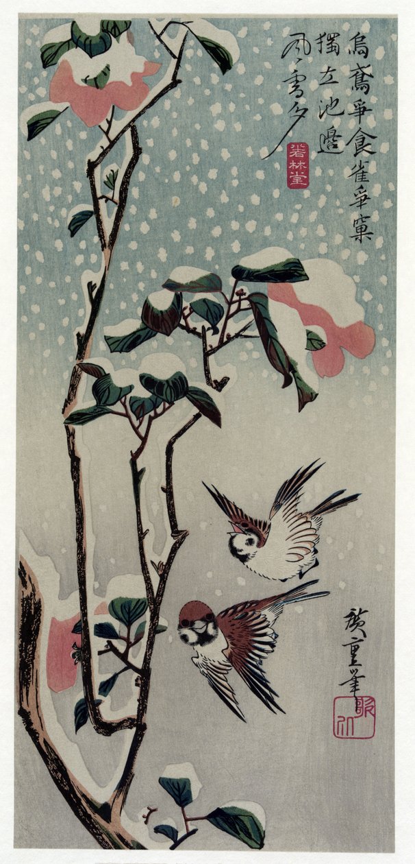 Secchu Tsubaki ni Suzume (Gorriones y camelias en la nieve) de Utagawa Hiroshige