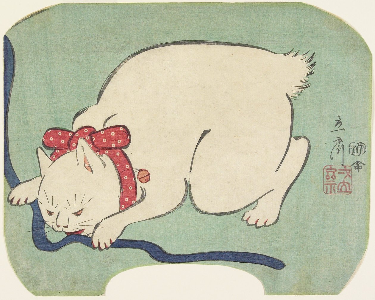 Un gato blanco jugando con una cuerda, 1863 de Hiroshige II