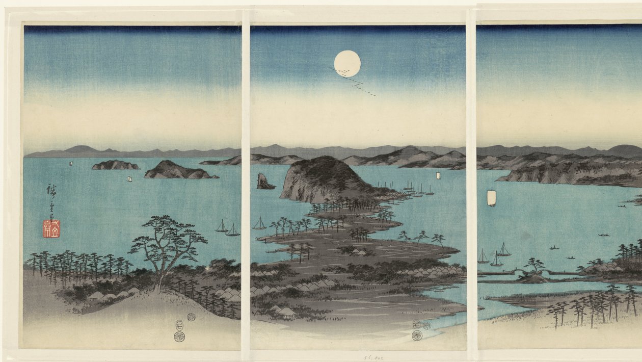 Panorama vespertino sobre las ocho caras de Kanazawa en la provincia de Musashi
Buyo Kanazawa hassho yakei (título en el objeto)
Nieve, luna y flores (título de la serie)
Setsugekka (título de la serie) de Hiroshige (I) , Utagawa