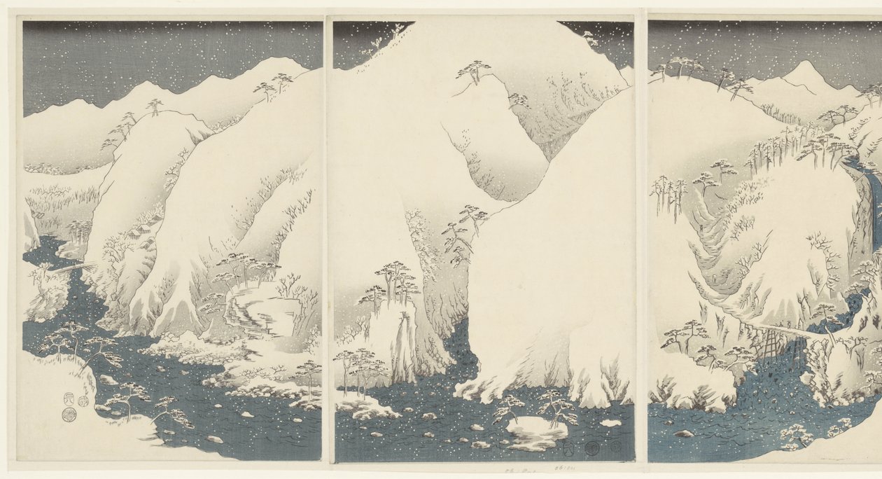 Montañas y ríos a lo largo de la ruta de Kiso
Kisoji no yamakawa (título en el objeto)
Nieve, luna y flores (título de la serie)
Setsugekka (título de la serie) de Hiroshige (I) , Utagawa
