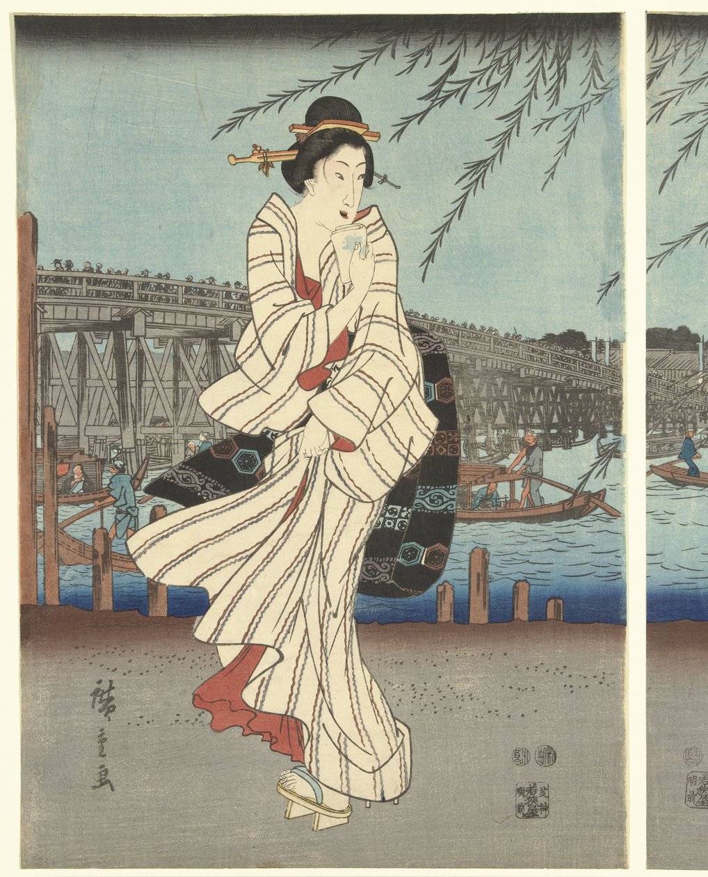 Lugares famosos en la capital del este: disfrutando de la brisa nocturna en el puente Ryogoku de Hiroshige (I) , Utagawa