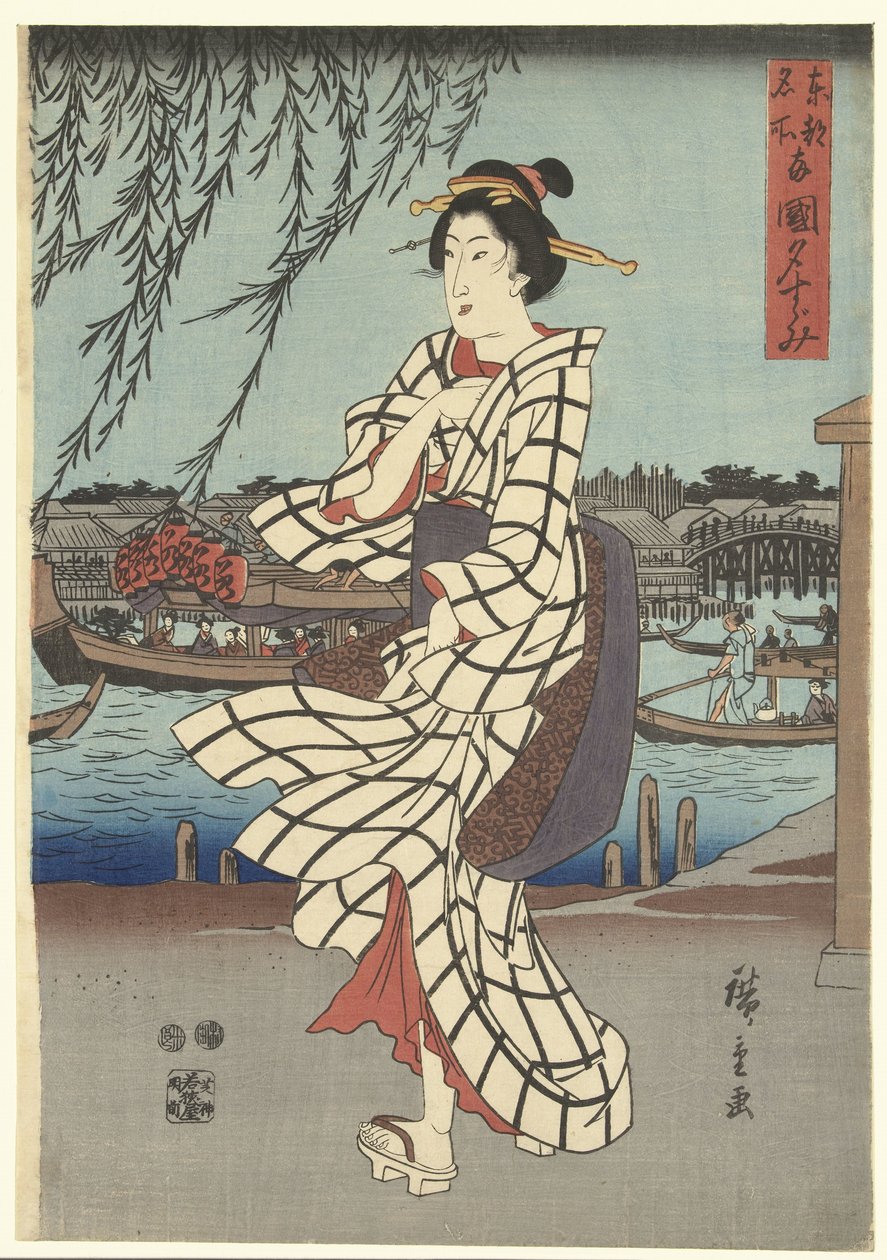 Lugares famosos en la capital del este: disfrutando de la brisa nocturna en el puente Ryogoku Toto meisho Ryogoku no yusuzumi (título sobre objeto) de Hiroshige (I) , Utagawa