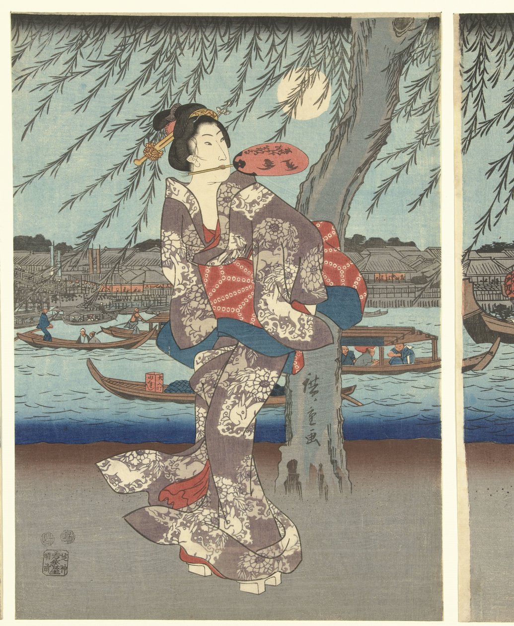 Lugares famosos en la capital del este: disfrutando de la brisa nocturna en el puente Ryogoku de Hiroshige (I) , Utagawa