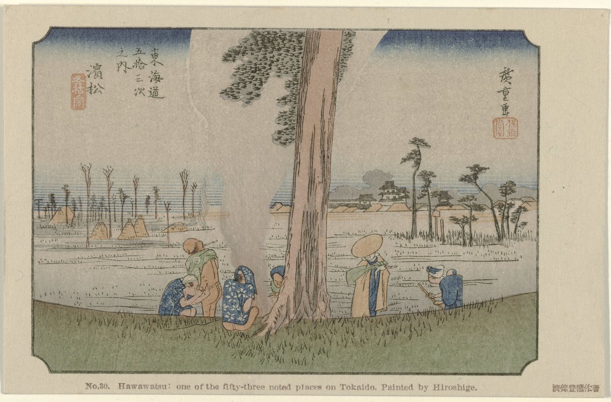 Hamamatsu No. 30. Hawawatsu: uno de los cincuenta y tres lugares destacados en Tokaido, pintado por Hiroshige De Tôkai dô van Hiroshige (título de la serie) Hiroshige no fude Tôkaidô (título de serie sobre objeto) de Hiroshige (I) , Utagawa