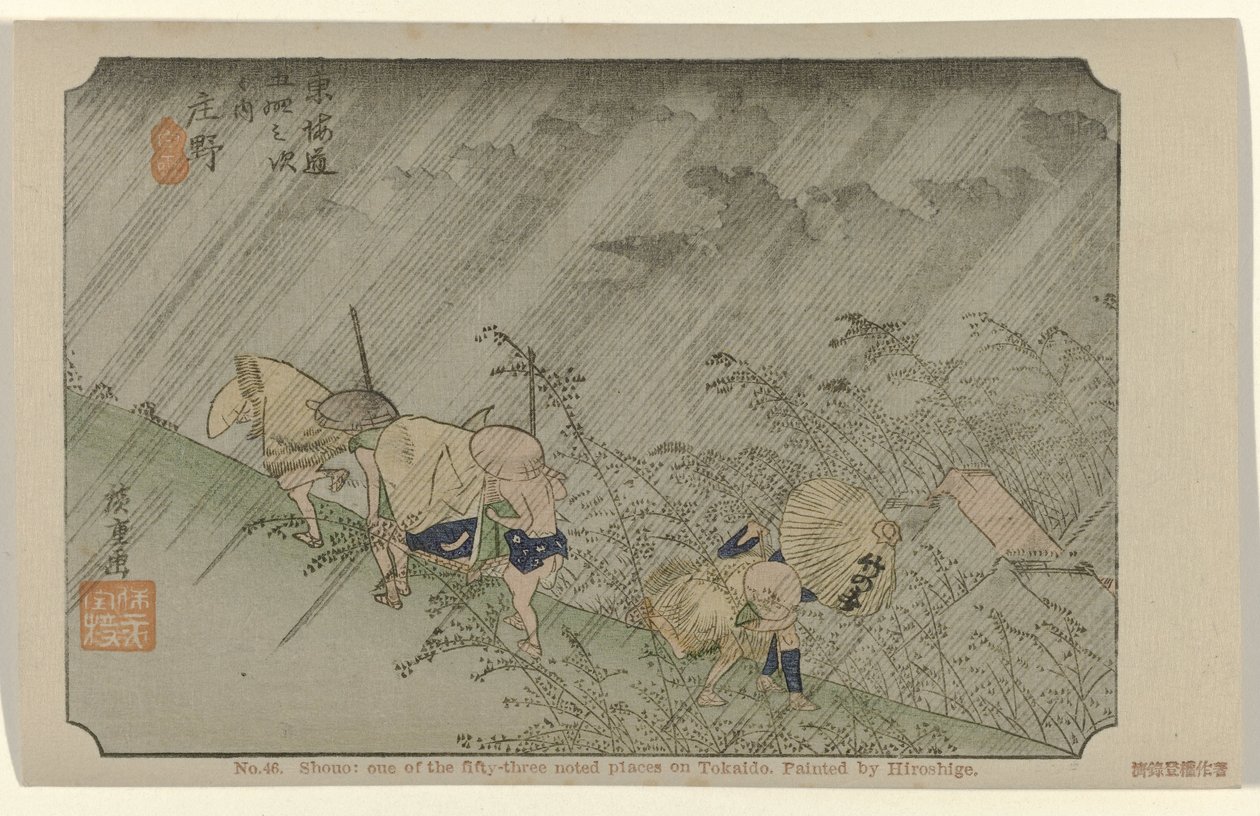 Shono No. 46. Shono: uno de los cincuenta y tres lugares señalados en Tokaido, pintado por Hiroshige (título sobre el objeto) De Tôkaidô van Hiroshige (título de la serie) Hiroshige no fude Tôkaidô (título de serie sobre objeto) de Hiroshige (I) , Utagawa