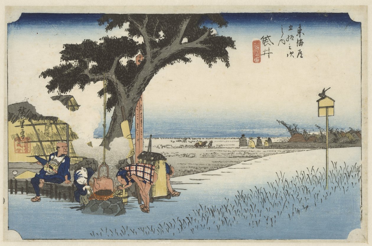 Theehuis in de buitenlucht en Fukuroi Fukuroi, dechaya no zu (título sobre objeto) De 53 estaciones van de Tokaido (título de la serie) Tokaido gojusan tsugi no uchi (título de la serie) de Hiroshige (I) , Utagawa