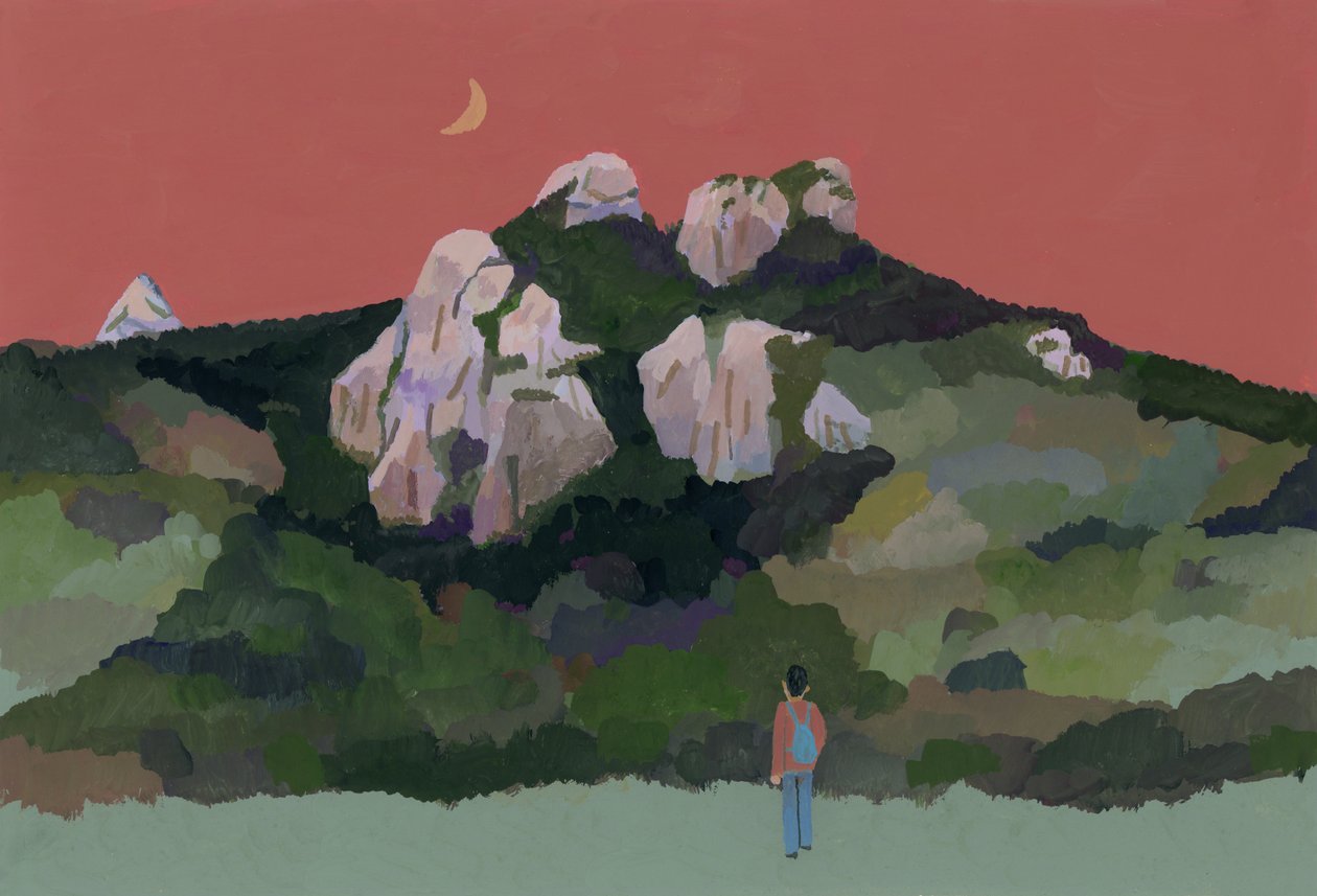 Hombre con mochila viajando por la montaña, 2015 (gouache sobre papel) de Hiroyuki Izutsu