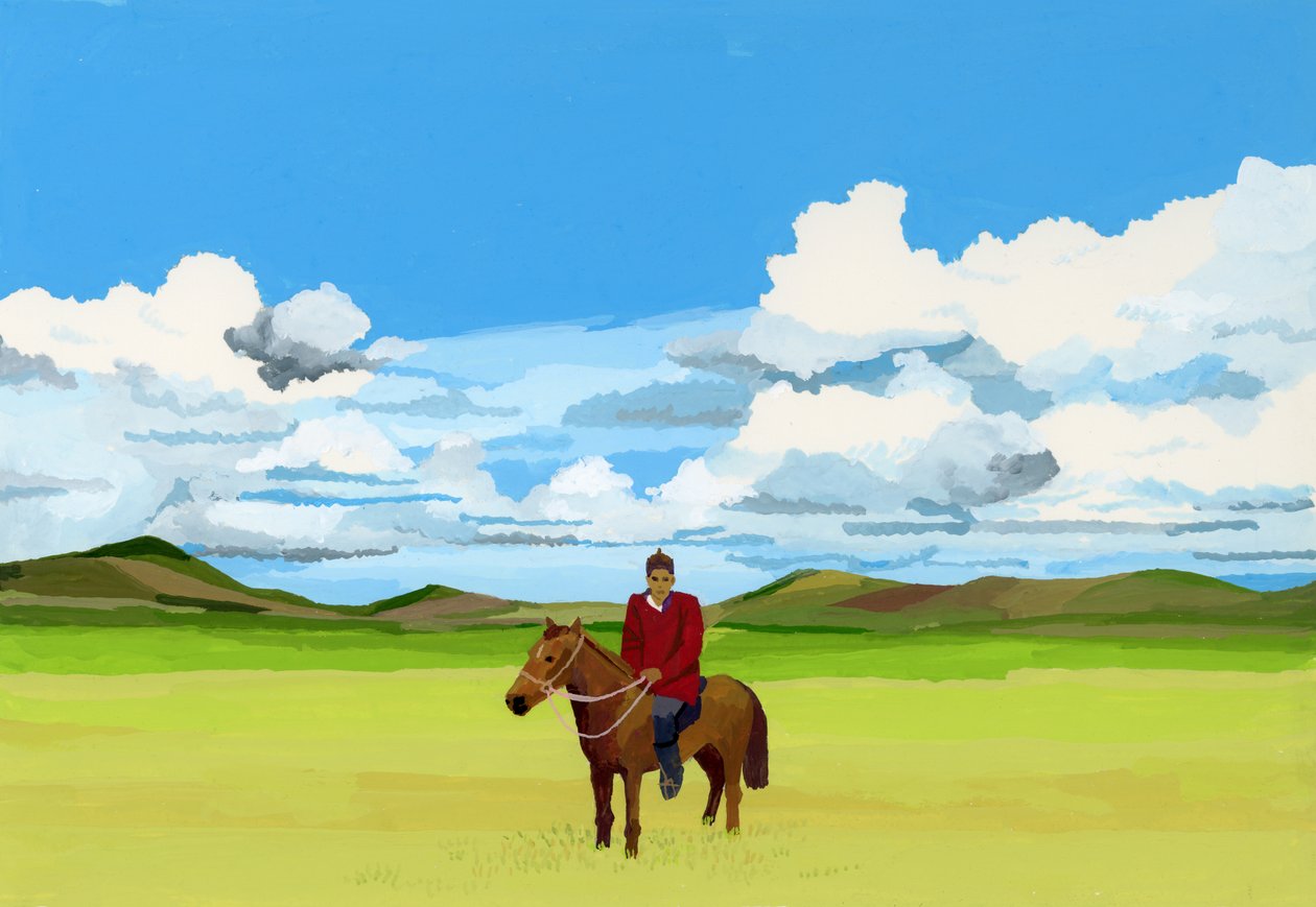 Estepas de Mongolia y gente montando a caballo, 2015 (Gouche sobre papel) de Hiroyuki Izutsu