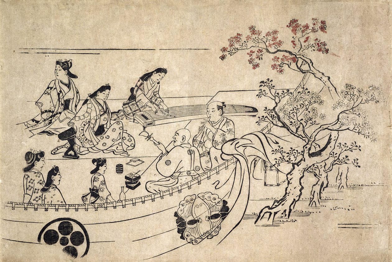 Música bajo el cerezo en Ueno, c.1680 de Hishikawa Moronobu