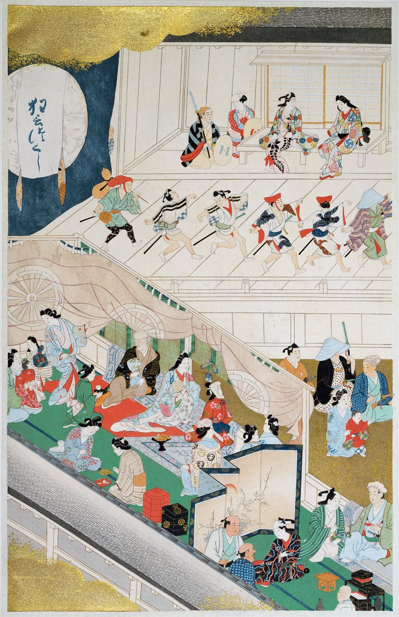Escena de teatro popular japonés durante el período Genroku (1688-1704), ilustración de la revista 