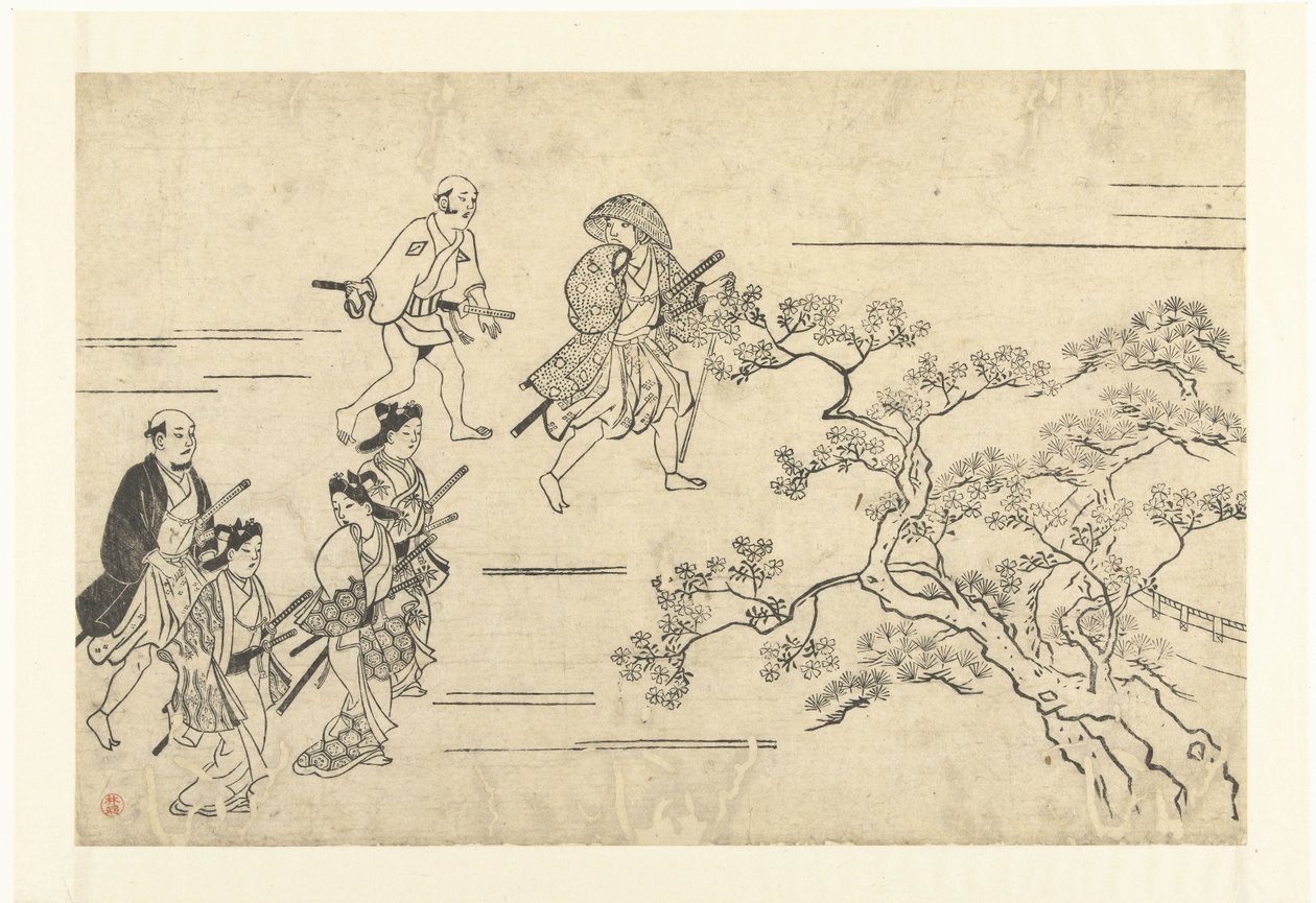 Cinco nobles y un sirviente de camino a un picnic. Ver flores de cerezo en Ueno (título de la serie) Ueno hanami no tei (título de la serie) de Hishikawa Moronobu (attributed to)