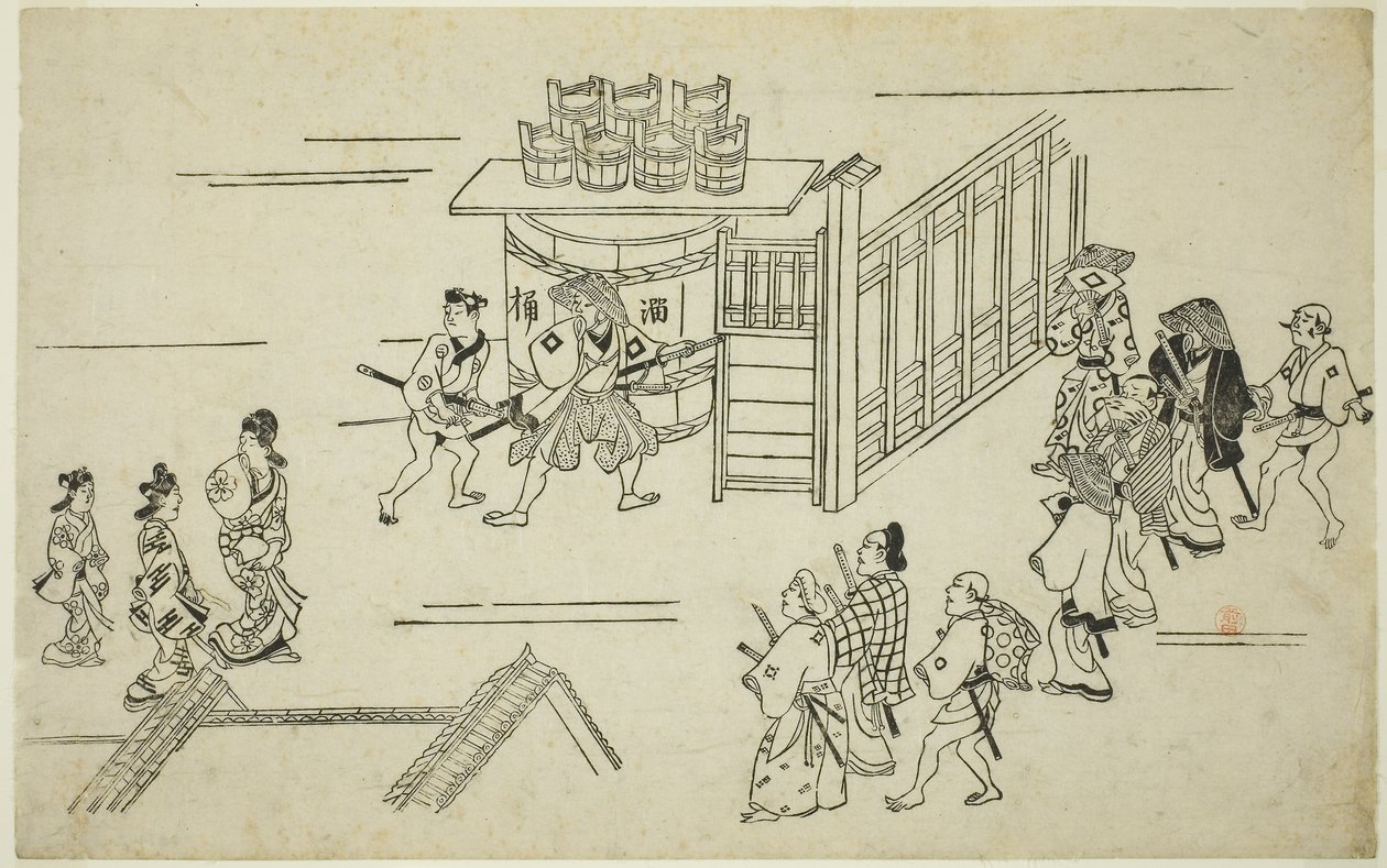 Entrada a Ageyacho, de la serie "La aparición de Yoshiwara (Yoshiwara no tei)", c.1681-84 (xilografía; sumizuri-e, oban) de Hishikawa Moronobu