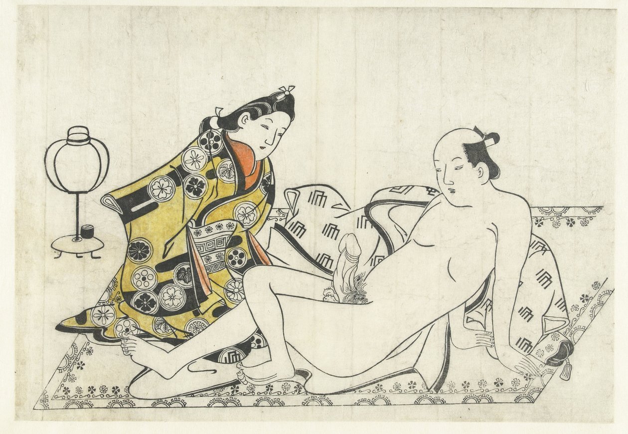 mujer joven, y, hombre desnudo, en, alfombra de Hishikawa Moronobu