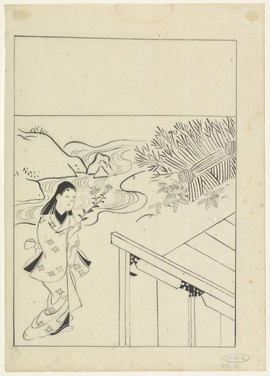 Paisaje con una mujer que sostiene una rama de flores en la mano de Hishikawa Moronobu