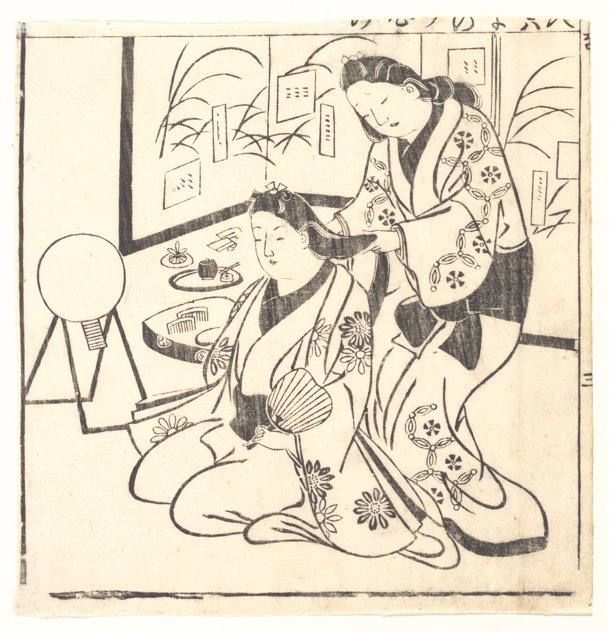 Hoja de un libro titulado: Wakoku Hyakujo, cien mujeres japonesas de Hishikawa Moronobu