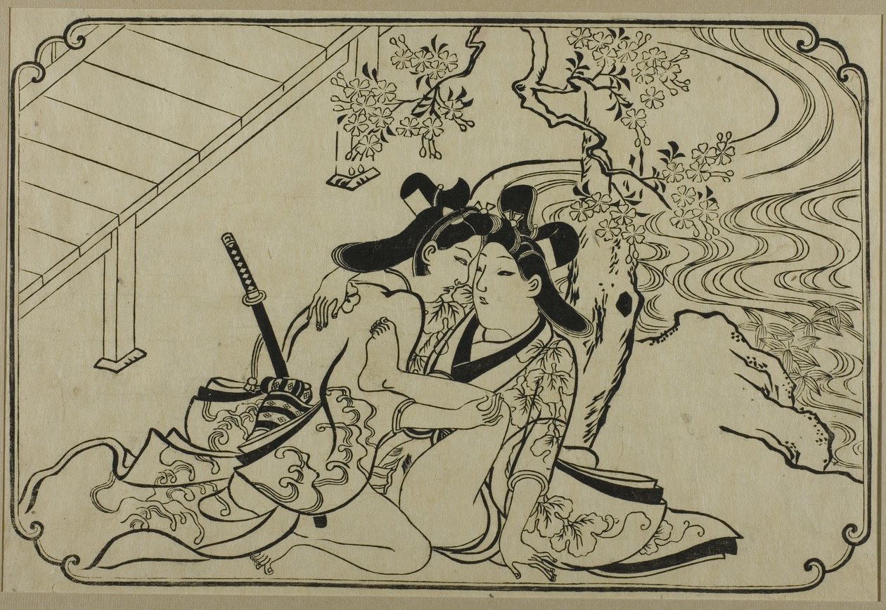 Amantes en el jardín, de una serie sin título de grabados eróticos de Hishikawa Moronobu