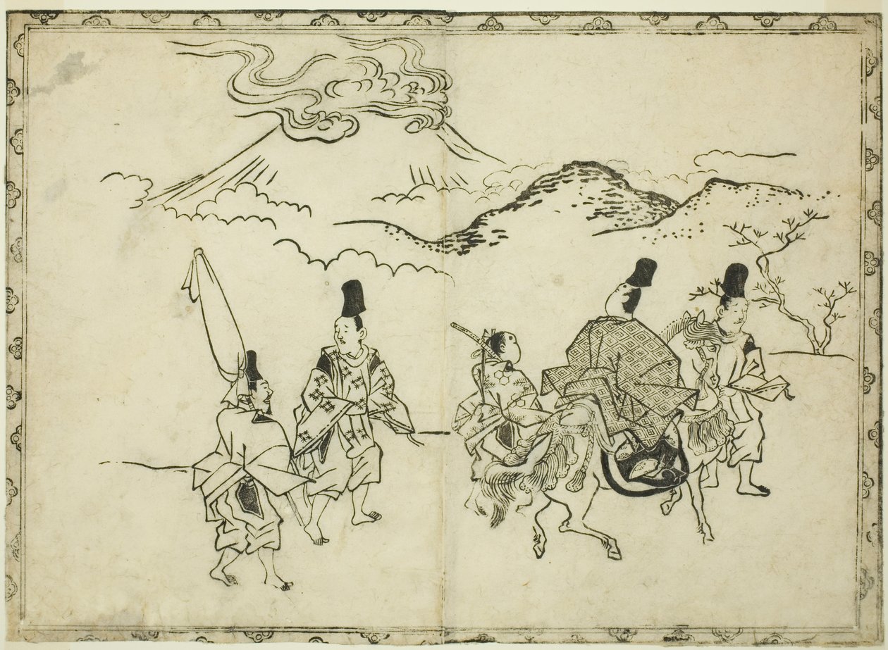 El viaje oriental de Narihira, del libro ilustrado "Panorama de pinturas en biombos y pergaminos colgantes (Byobu kakemono ekagami)" de Hishikawa Moronobu
