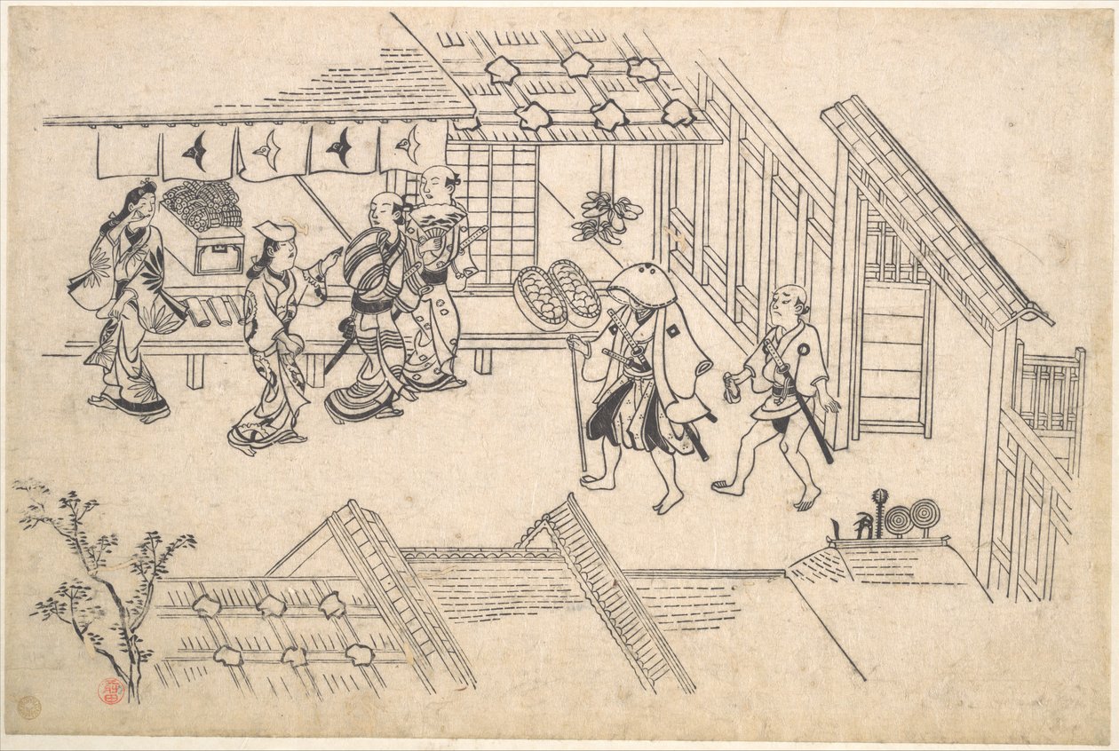La entrada a Ageya-machi, de la serie «Escenas en Yoshiwara (Yoshiwara no tei)» de Hishikawa Moronobu