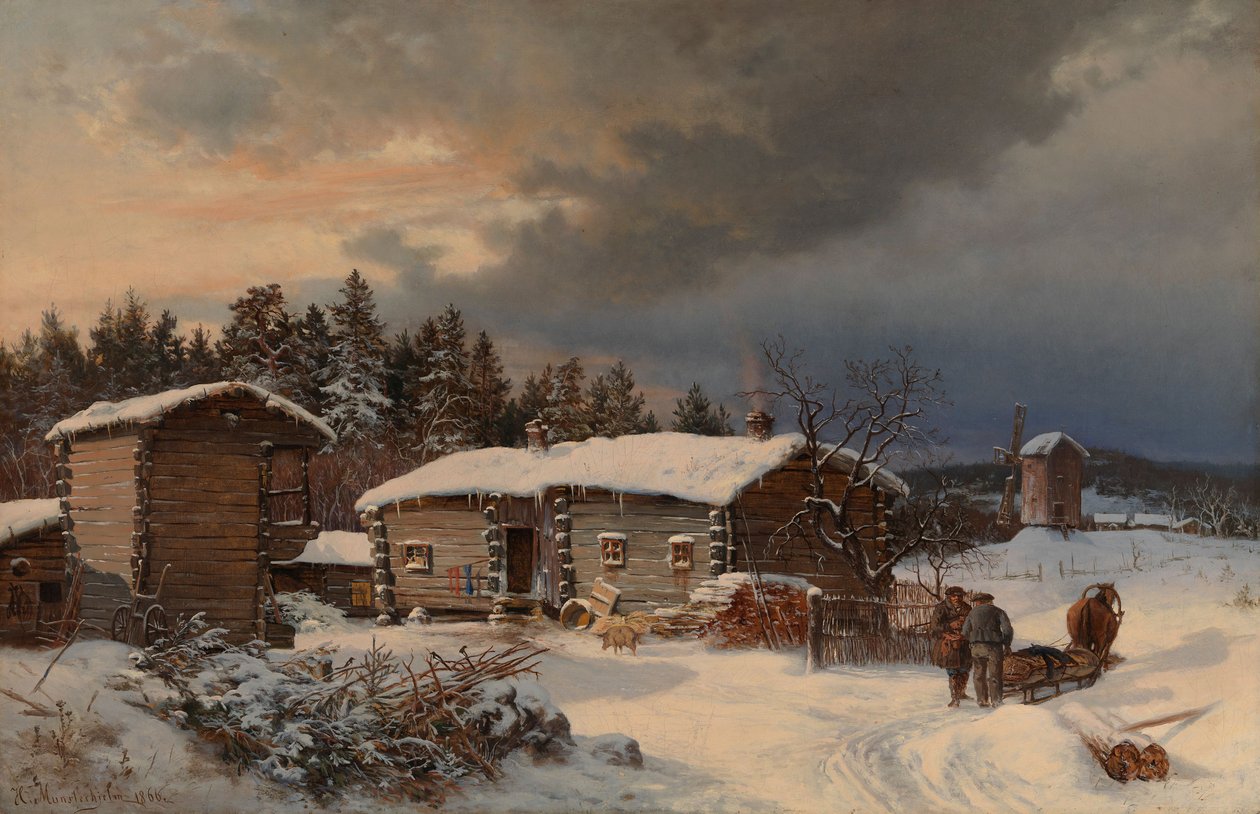 Paisaje invernal con granja en Häme de Hjalmar Munsterhjelm