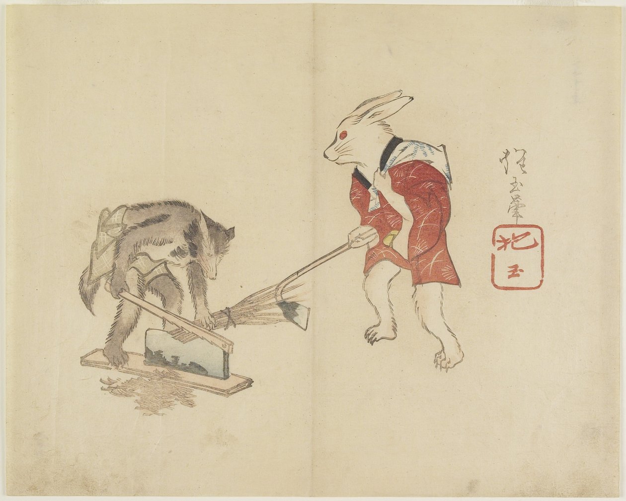 (Conejo y mapache cortando paja), c. 1830 de Hogyoku