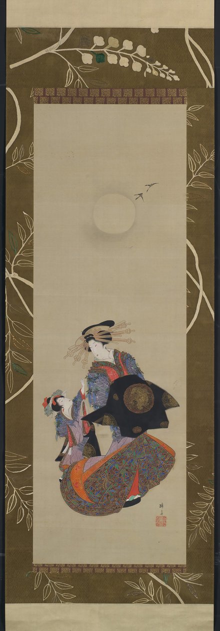 Belleza de Yoshiwara con aprendiz a la luz de la luna, siglo XIX de Hokuba