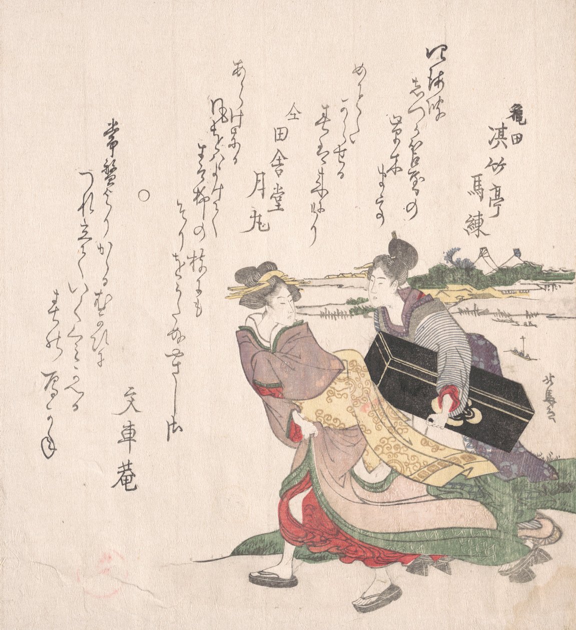 Chica geisha apresurándose con una sirvienta que lleva una caja de shamisen de Hokuba