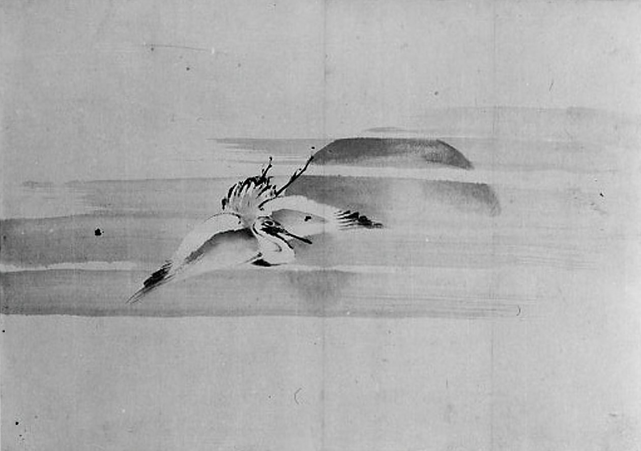 Grulla y sol, siglo XIX de Hokusai School.