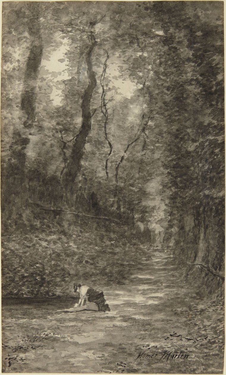 Escena forestal con una lavandera de Homer Dodge Martin