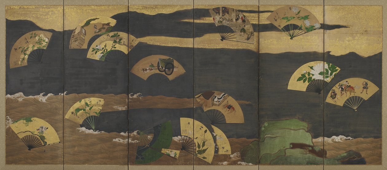 Abanicos y nubes sobre rocas y agua, período Edo de Hon