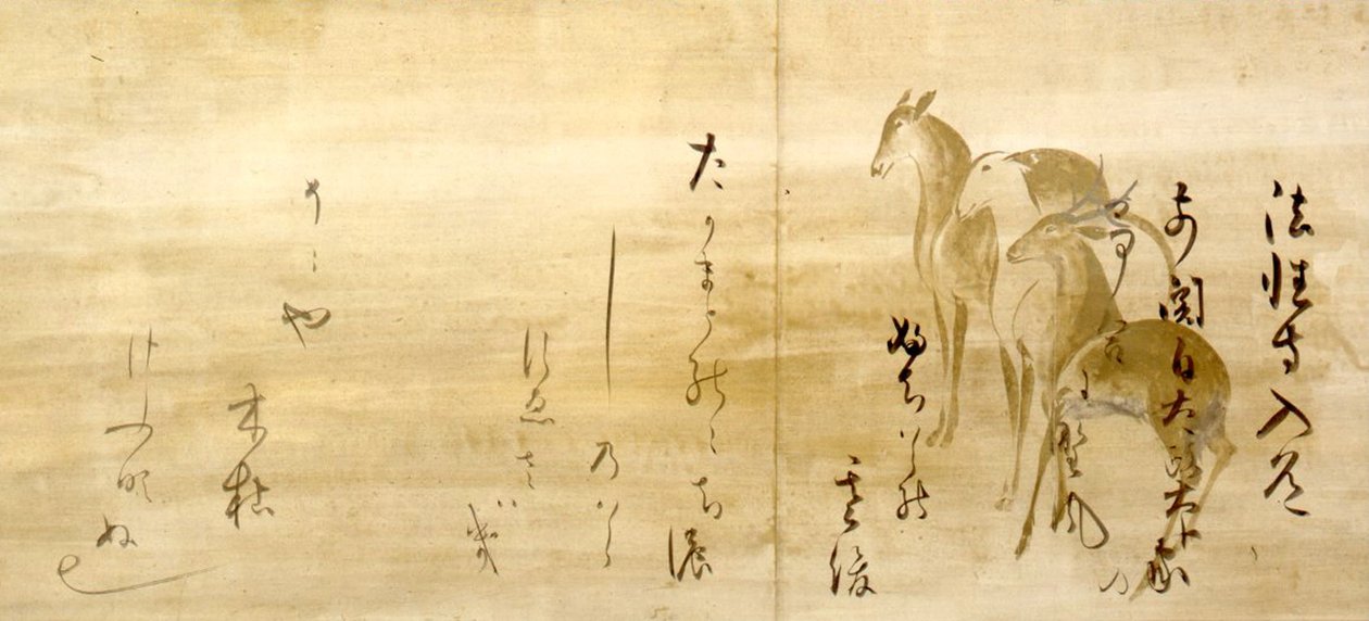 CALIGRAFÍA DE POEMAS del Shinkokin-wakashu en Papel Decorado con Ciervos de Honami Koetsu