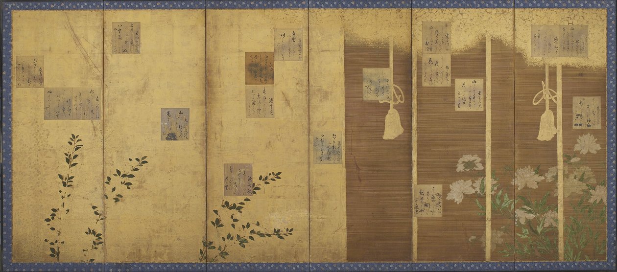 Pantalla montada con poemas de la antología, Shin kokinshu, período Edo de Hon