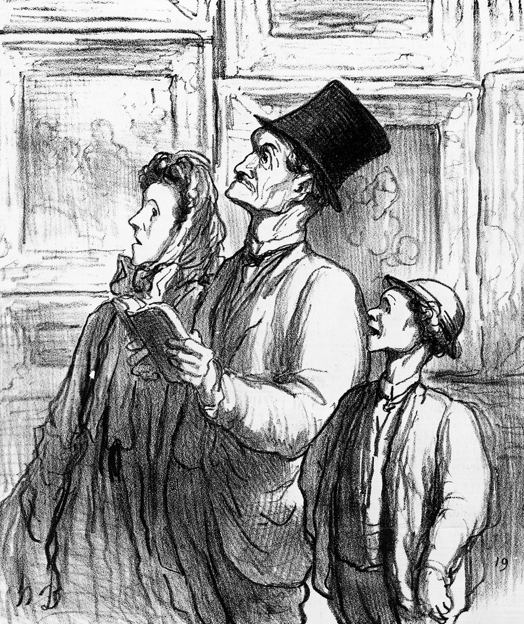 Familia visitando el salón de París de 1863 y comentando sobre la pintura 