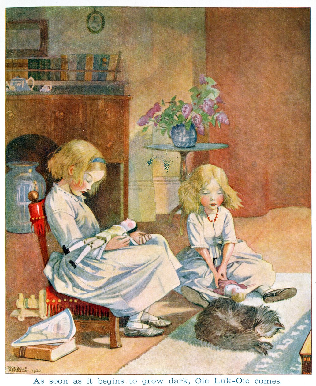 Tan pronto como empieza a oscurecer, de "Ole Luk-Oie" en una edición de "Cuentos de hadas" de Hans Christian Andersen (1805-75) 1920 (acuarela sobre papel) de Honor Charlotte Appleton