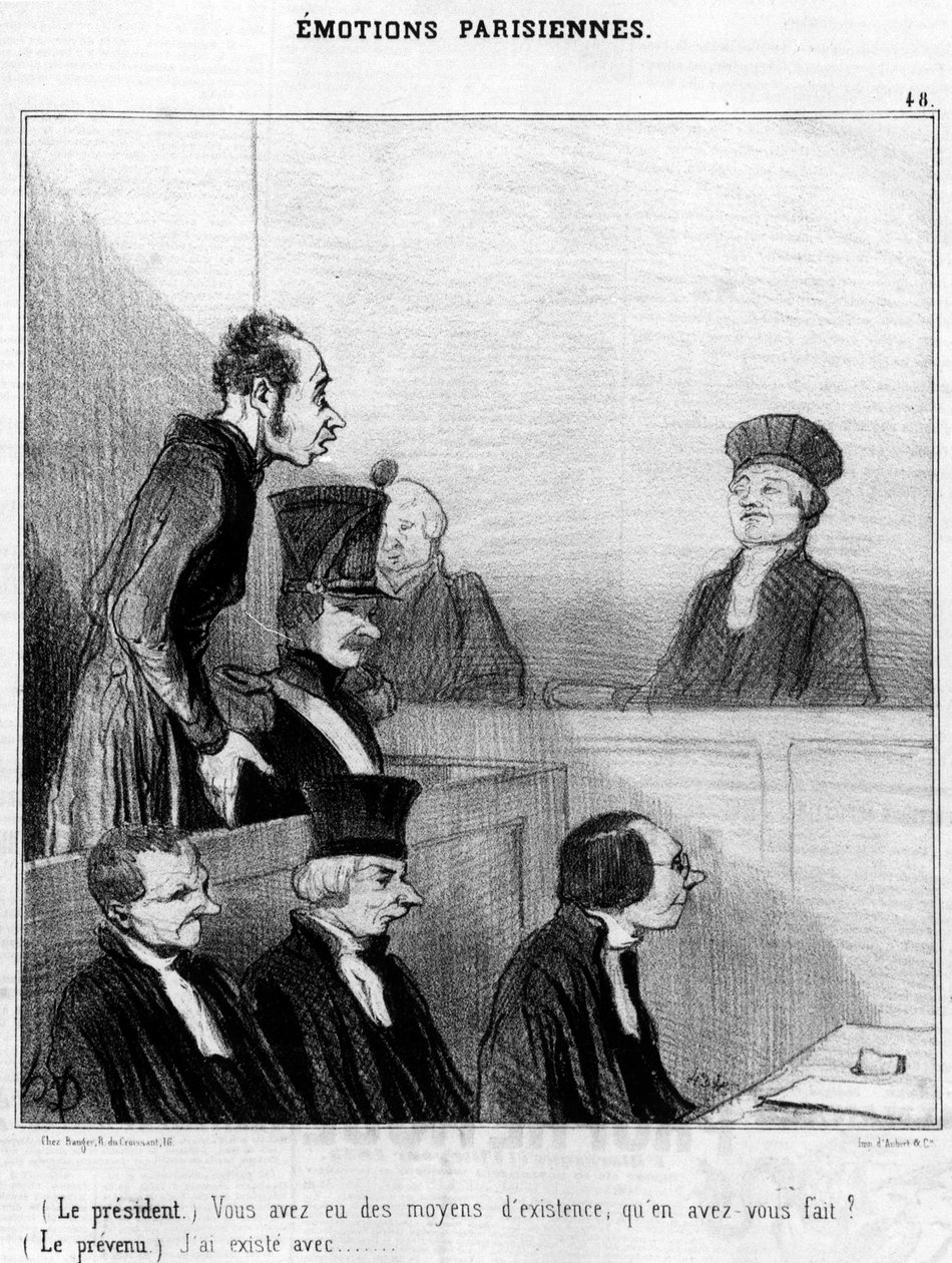 (Presidente) Tenías un sustento, ¿qué hiciste con él? (El acusado) Existo con...,, serie de caricaturas sobre emociones parisinas de Honoré Daumier (1808-1879). “Charivari” de Honoré Daumier