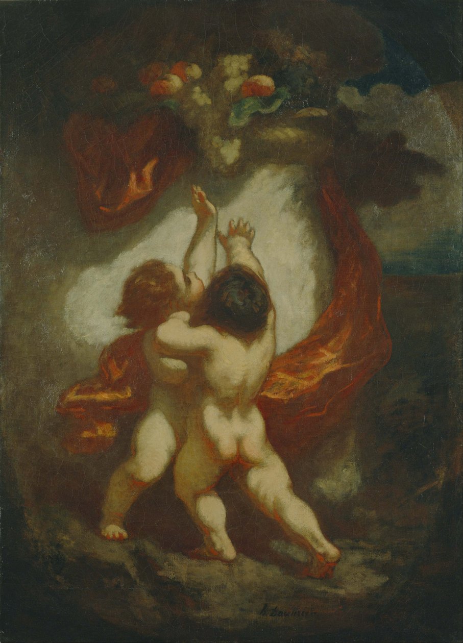 Dos niños peleándose por una pieza de fruta de Honoré Daumier