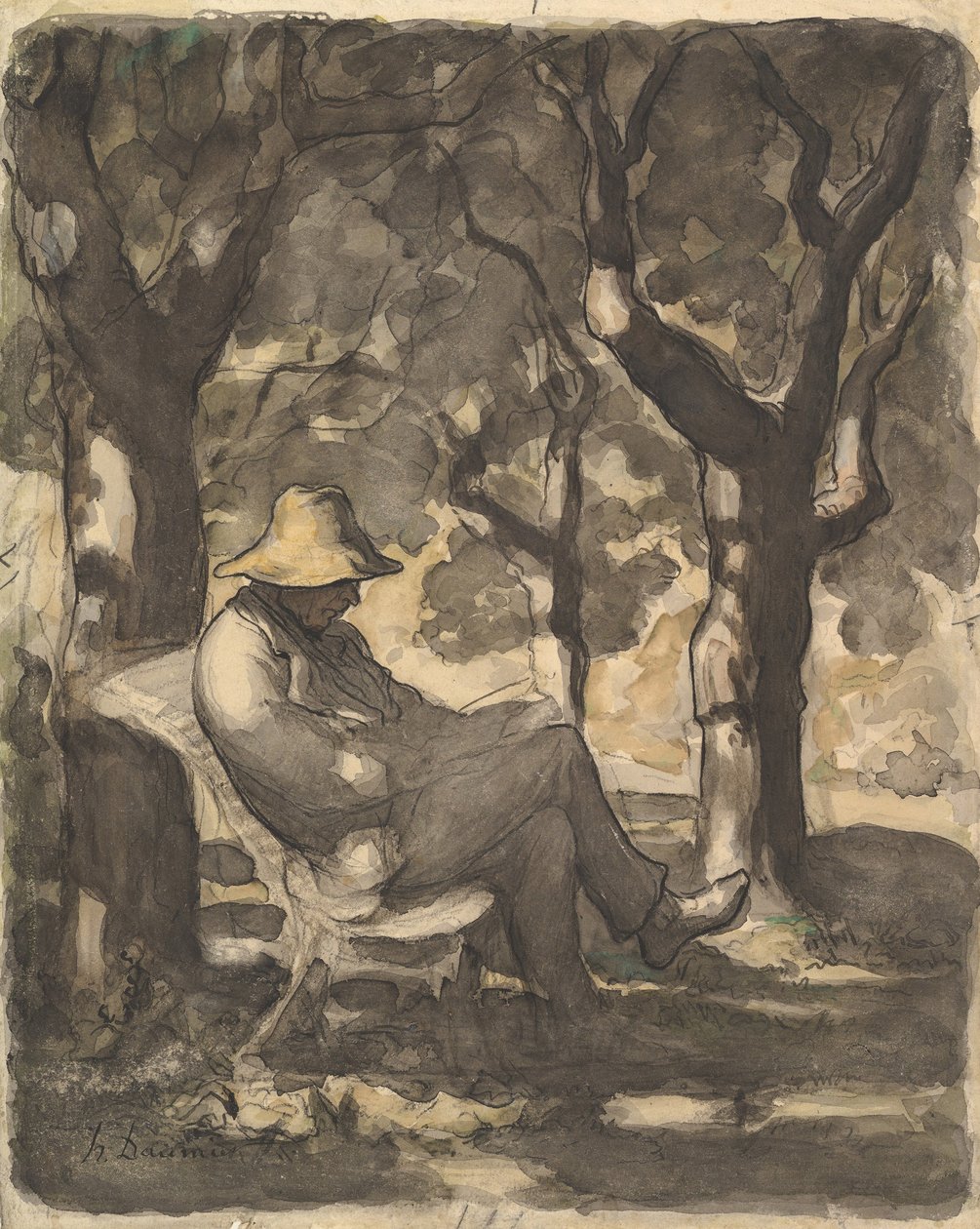 Un hombre leyendo en un jardín, 1825-79 de Honoré Daumier