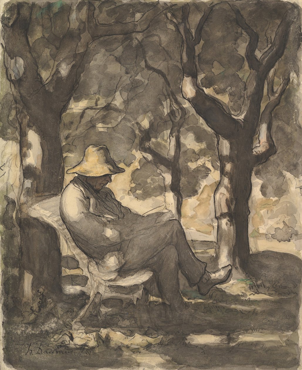 Un hombre leyendo en un jardín recto..., ca. 1865 de Honoré Daumier
