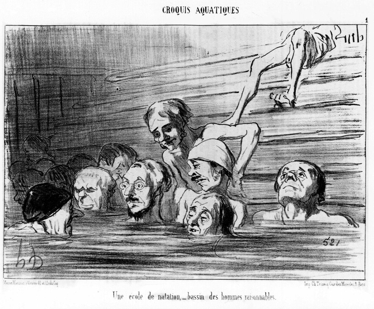 Una escuela de natación, una piscina de hombres razonables: ilustración tomada de la serie “Bocetos de Verano” de caricaturas sobre natación de Honoré Daumier. “Charivari” de Honoré Daumier