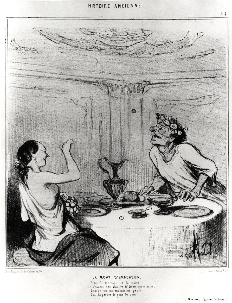 Historia antigua: la muerte de Anacreonte, caricatura para ilustrar un extracto de las obras jocosas de Jacques-Bénigne Bossuet: 