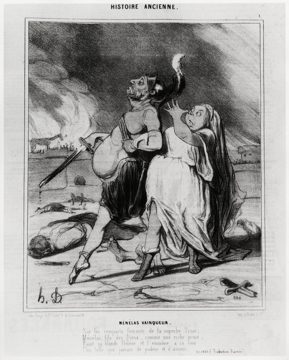 Historia antigua: Menelao vencedor, caricatura para ilustrar un extracto de la Ilíada de Homero: “En las murallas humeantes de la soberbia Troya, Menelao, hijo de los dioses, como un rico botín, arrebata a su rubia Helena y la lleva a su corte Más hermosa  de Honoré Daumier